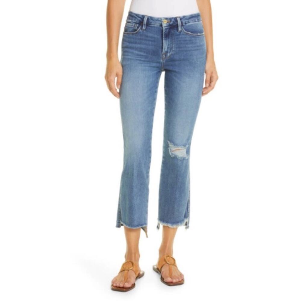 Frame Le Crop Mini Boot Jeans in Wine Ridge Destruct Blue sz 25 Ankle Stretch